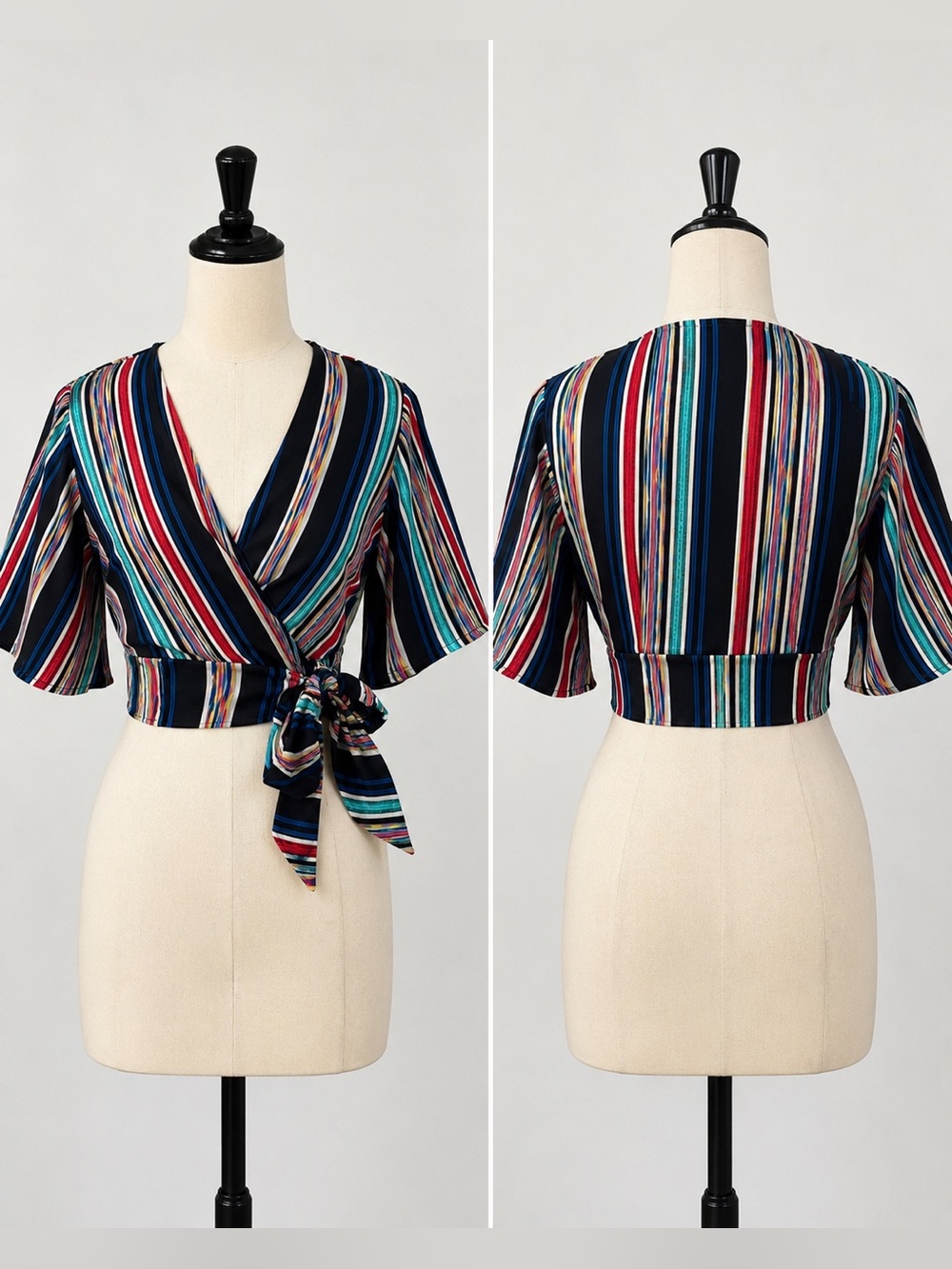 Lush Women’s Striped Wrap Crop Top Size Small Multicolor Tie Waist Kimono Sleeve